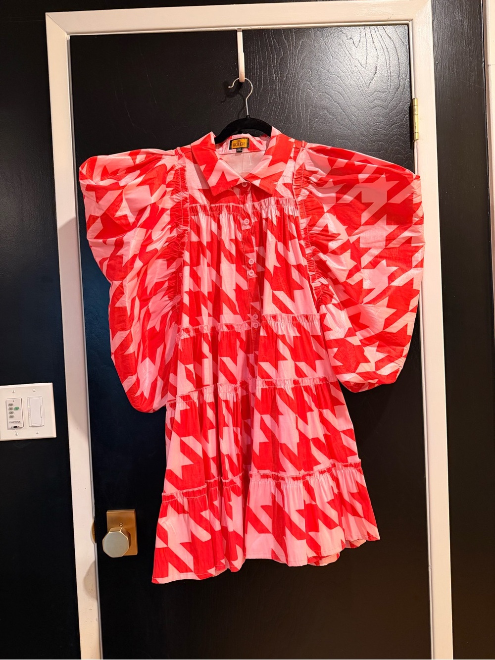 J. Bolton Red & Pink Houndstooth Puff Sleeve Mini Dress